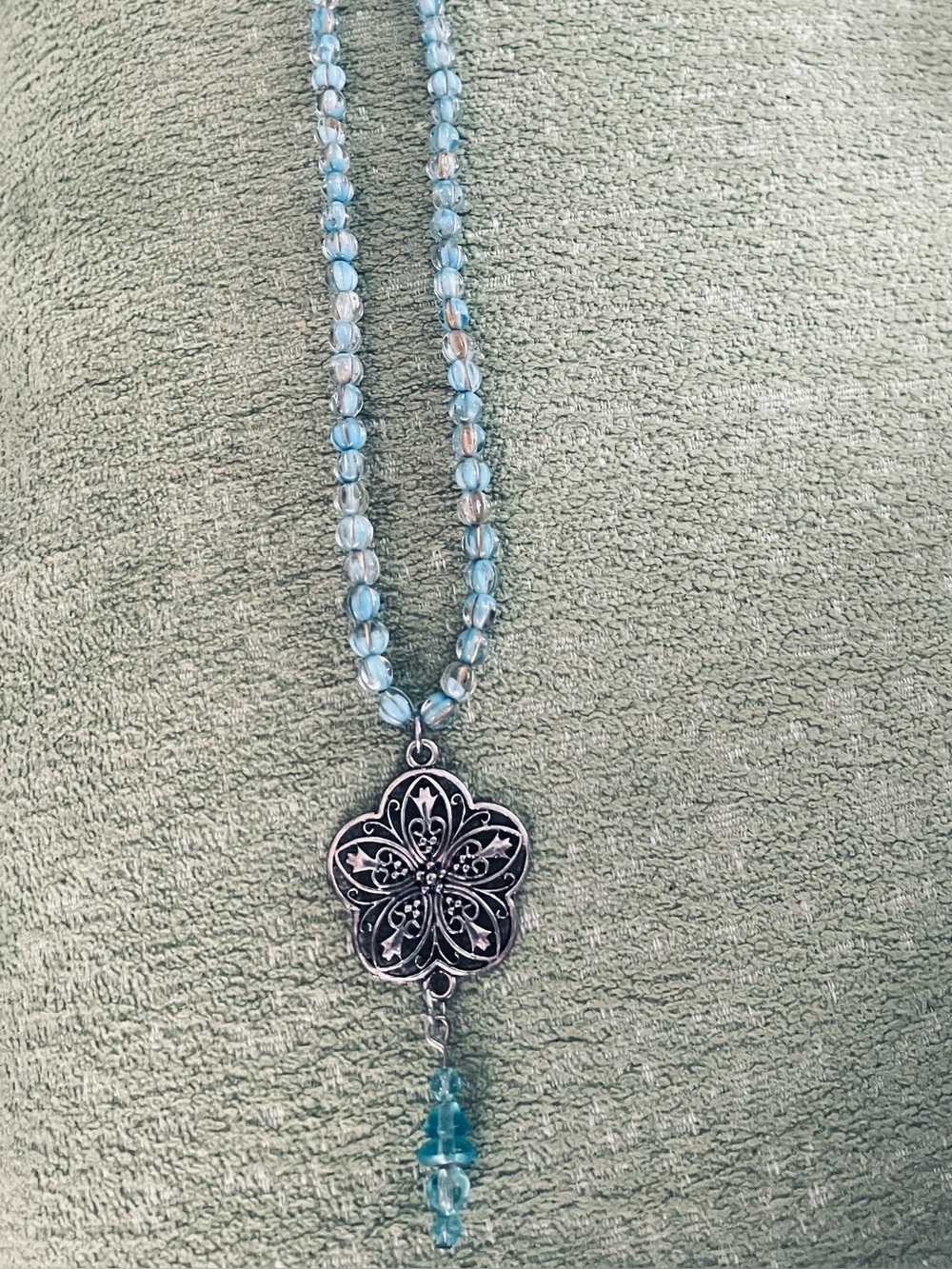 Blue Beaded Necklace with Floral Filigree Pendant